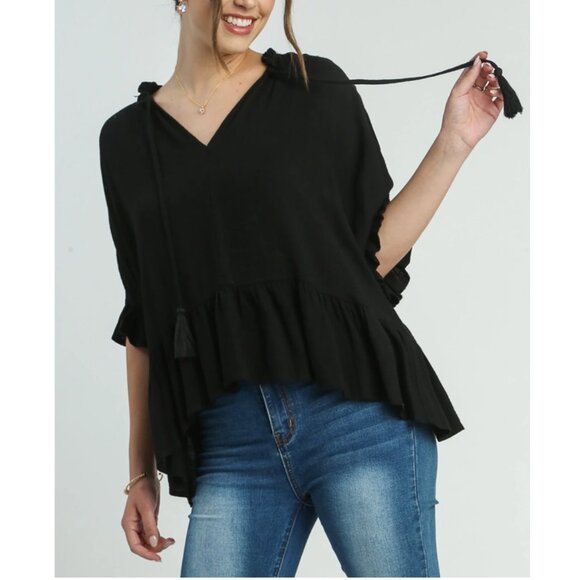 Umgee linen blend tassel tie ruffle hem top size M - Picture 2 of 14